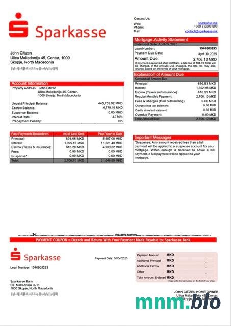Macedonia Północna Sparkasse Bank wyciąg z kredytu hipotecznego szablon Word i PDF